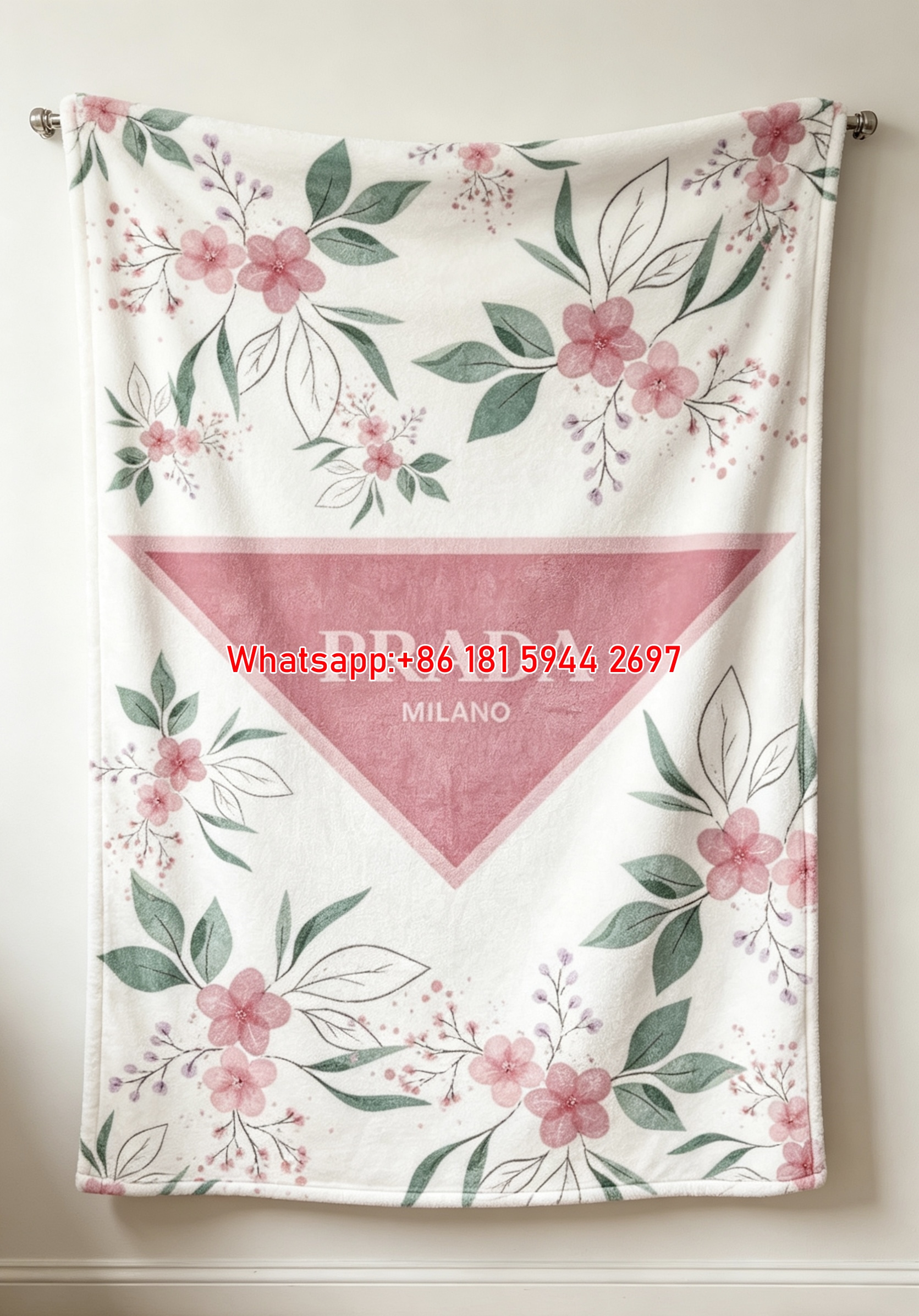 Prada Pink Floral Watercolor Print White Background Flannel Throw Blanket IMG_2798